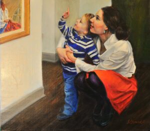 Art Show, 30x34" Oil on linen $3,500 Available at the Santa Fe Art Collector Gallery, info@Santafeartcollector.com (505)988-5545 or (505)690-7953  This mother is showing her young son a fine art oil painting with the hope, this will influence his development for appreciation of fine art oil painting.
